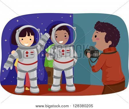 Stickman Illustration of Kids Trying Out Astronaut Standees