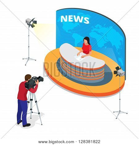 Breaking news reportage and press conference. Journalist interview an analyst. Flat 3d vector isometric illustration