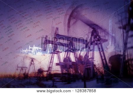 Work of oil pump jack on a oil field and finance analytics background. Textured concrete grunge blurred motion. Numbers figures. Concept oil and gas crisis.