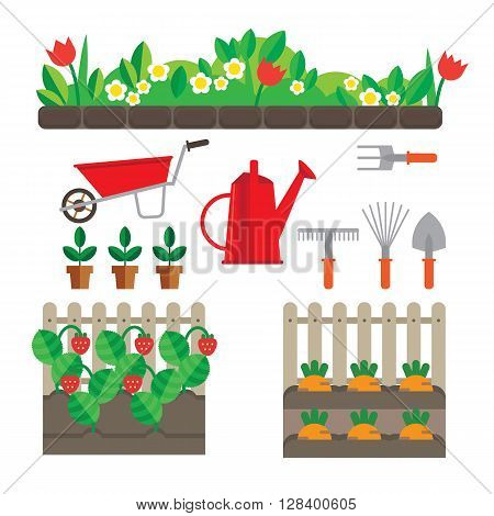 Set of stylized plots oyewumi and berries. Also have garden tools.