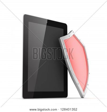 Tablet PC and shield on white device security concept. 3d rendering.
