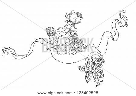 Uncolored, colouring book style luxury roses in zenart style, heraldic cartouche for text in famous zenart style Adult coloring book Hand-drawn, doodle, vector for design, wedding cards, coloring book