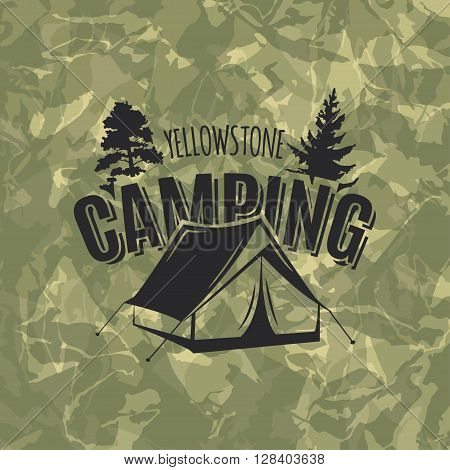 Vintage camping and outdoor adventure logo on camouflage green background. Tent in forest. Camping equipment. Vector.