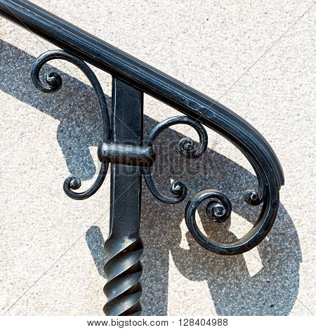 Black Balauster Acces Abstract Handrail In The White Concrete Wall And Shadow