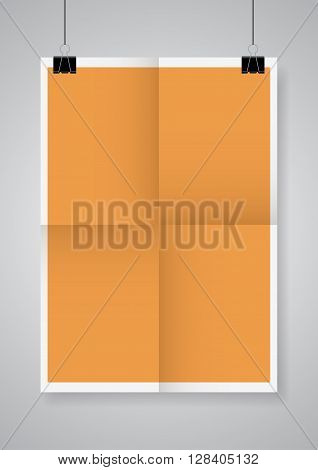 Twice a folded orange poster with clamps. Vector illustration.