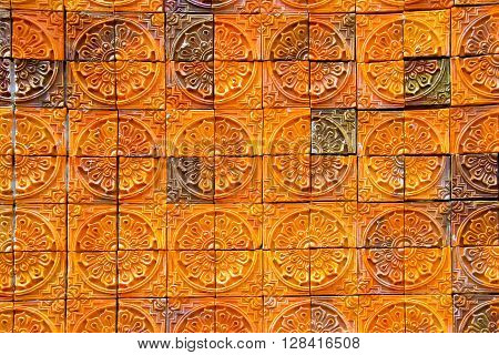 pattern background made of clay fired to a porous state that can be made impervious to liquids by the use of a glaze.