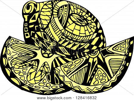 Vintage decorative ornamental lemon. Vector abstract illustration logo icon fruit design element with ornamental patterns in black-yellow