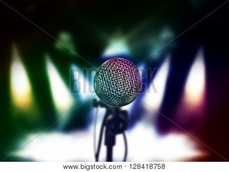 Close up of microphone in concert hall or conference room