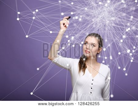 Global network connection concept, woman working with futuristic computer interface.