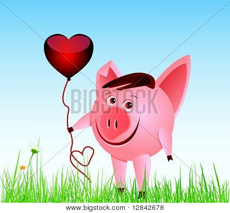 Pig with a balloon-heart