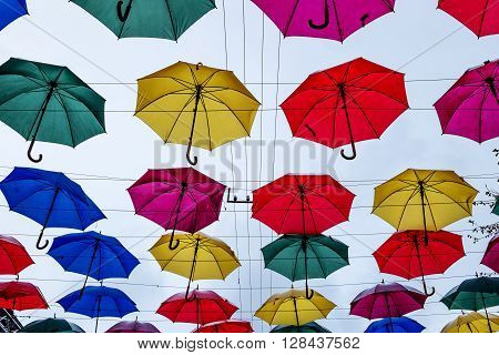 May 19 2015. Saint-Petersburg.Installation Alley umbrellas in Solyanoi lane in Saint Petersburg.Russia. ????????? ?GoogleBing