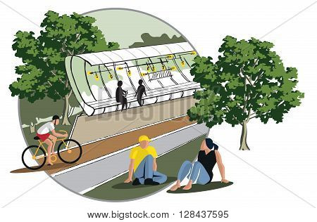 sketch of a relaxation area with a gazebo for reading bike path and lawn