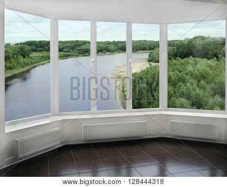 window overlooking the beautiful landscape with Desna river and green willows