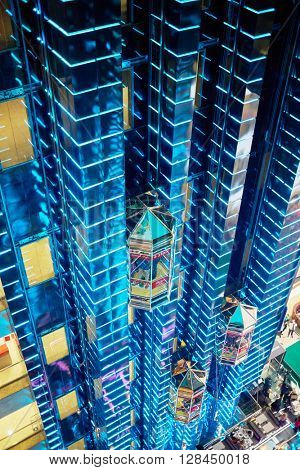 MOSCOW, RUSSIA - JAN 25, 2015: Elevators in mall Evropeisky. The largest complex in Europe has a total area of 180 000 square meters.