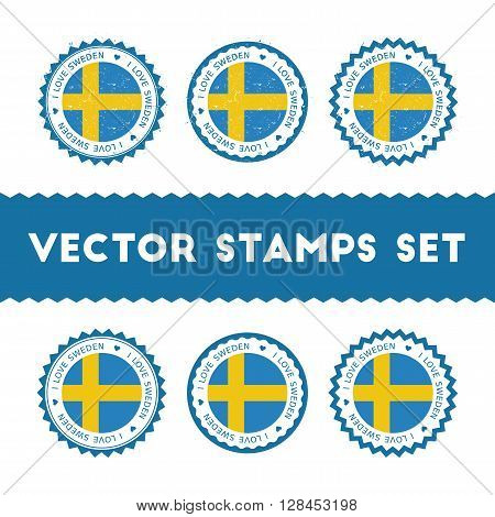 I Love Sweden Vector Stamps Set. Retro Patriotic Country Flag Badges. National Flags Vintage Round S
