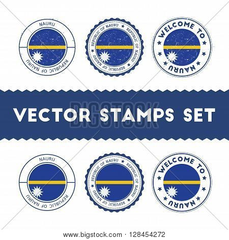 Nauruan Flag Rubber Stamps Set. National Flags Grunge Stamps. Country Round Badges Collection.