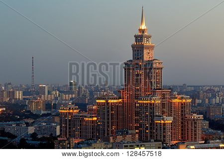 MOSCOW, RUSSIA - JUL 4, 2015: Residential complex Triumph Palace at night. Building height is 264 meters.