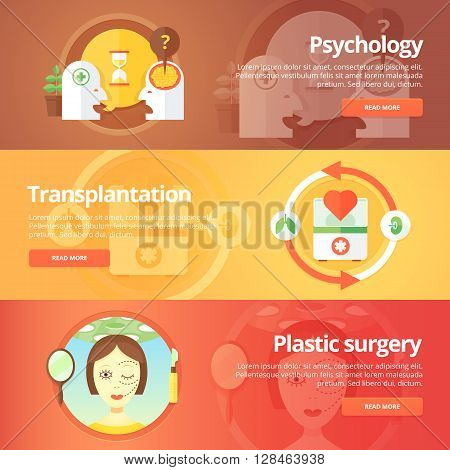 Medical and health banners set. Sexology. Transplantation. Organs donation. Anaplasty. Plastic surgery. Modern flat vector illustrations. Horizontal banners.