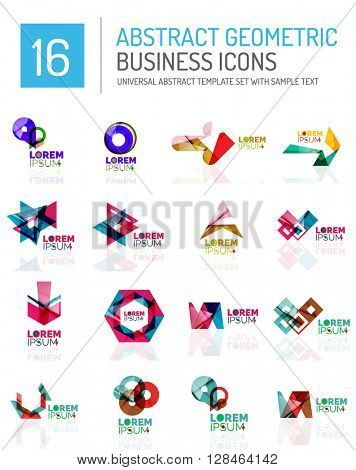 Abstract geometric business logo icon set. Colorful geometrical figure compositions with light effects - triangles circles rings arrows lines