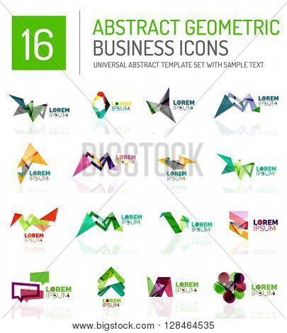 Abstract geometric business logo icon set. Colorful geometrical figure compositions with light effects - triangles circles rings arrows lines