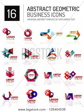 Abstract geometric business logo icon set. Colorful geometrical figure compositions with light effects - triangles circles rings arrows lines
