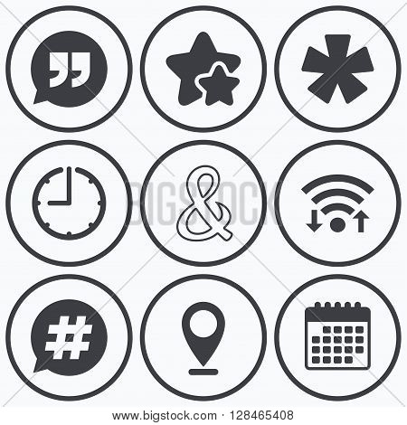 Clock, wifi and stars icons. Quote, asterisk footnote icons. Hashtag social media and ampersand symbols. Programming logical operator AND sign. Speech bubble. Calendar symbol.