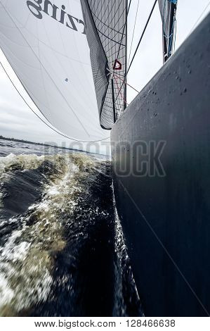 KYIV, UKRAINE - APRIL 26, 2016: Traning on the new model of yacht OceanTECH L30 on the Kyiv water reservoir or Kyiv SEA with Rodion Luka, L30 idea author, Silver Olympic medalist.