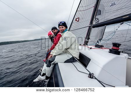 KYIV, UKRAINE - APRIL 26, 2016: Traning on the new model of yacht OceanTECH L30 on the Kyiv water reservoir or Kyiv SEA with Rodion Luka, L30 idea author, Silver Olympic medalist.
