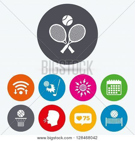 Wifi, like counter and calendar icons. Tennis rackets with ball. Basketball basket. Volleyball net with ball. Golf fireball sign. Sport icons. Human talk, go to web.
