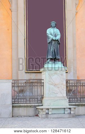 Statue of the writer Olaus Petri in Stockholm, Sweden.