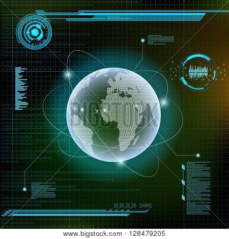Planet Earth and satellites. Futuristic HUD interface. Infographics technology background. Stock vector illustration.