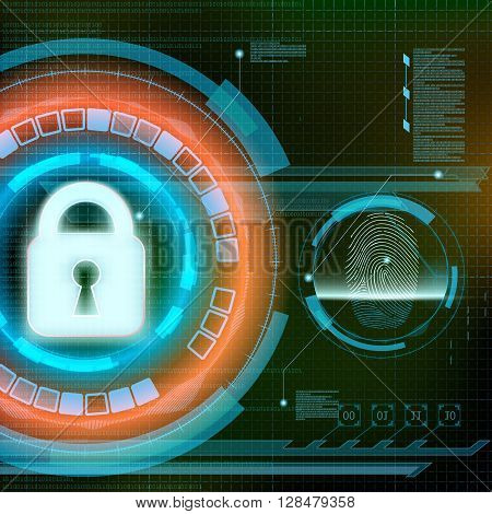 Data protection. Scan fingerprint. Futuristic HUD interface. Infographics technology background. Stock vector illustration.
