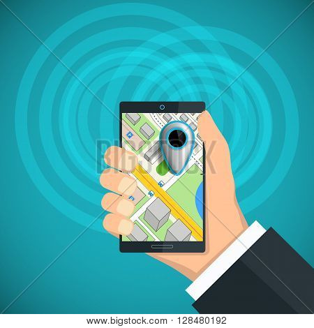 Human hand holding a smartphone with a city map and pointer. Stock vector illustration.
