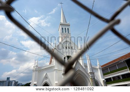 Singapore, Singapore - May 01, 2016: The Church of Our Lady of Lourdes was blessed and officially opened in 1888. This is the first Tamil Catholic church in Singapore.