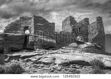 Wukoki pueblo ruin in Wupatki National Monument near Flagstaff Arizona photographed in black and white.