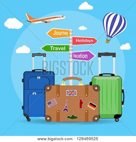 picture of travel bags and signpost vacation, travel, journey, holidays with clouds and plane, Hot air balloon, on background. illustration in flat design. travel and vacations concept