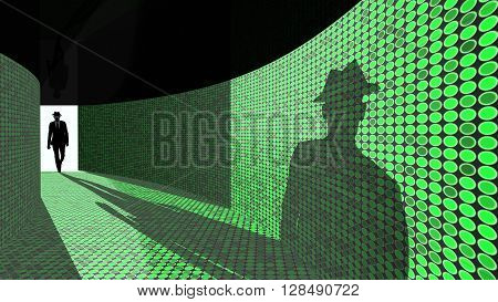 A silhouette of a hacker with a black hat in a suit enters a hallway with walls textured with green dots 3D illustration backdoor concept