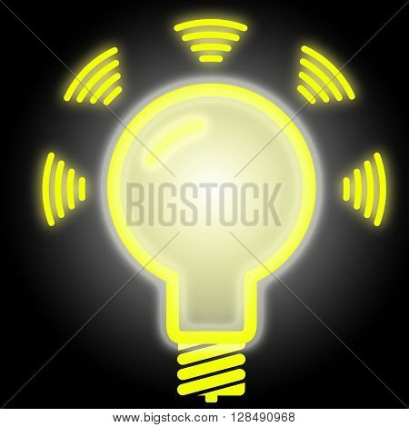 Glowing lightbulb in yellow on black emitting data LiFi concept illustration symbol