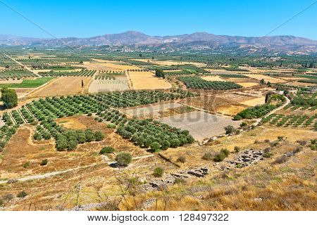 View of Messara plain from the hill of Phaistos. Crete Greece