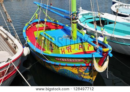 Sanary sur Mer France - april 20 2016 : old painted boat in the port