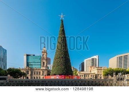 Adelaide Australia - January 3 2016: Christmas Tree installed at Victoria Square in Adelaide CBD. Victoria Square is the main meeting point for Adelaideans on the New Year's Eve