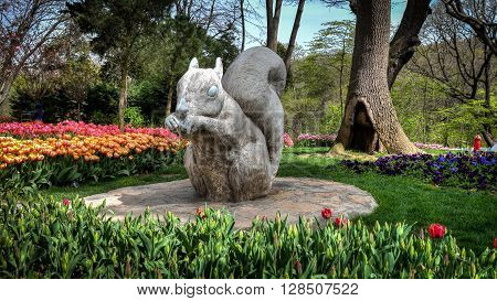 Istanbul, Turkey, 06 April 2013: The Khedive Palace, or Hidiv Kasri in Turkish, is the centerpiece of a park with paved paths and restaurants and cafes set amid rose gardens and pine-lined trails. The grounds are decorated with wacky giant squirrel sculpt