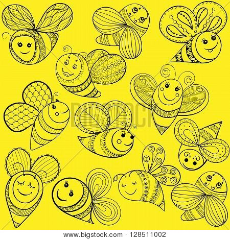 Vector bees for adult coloring page. Hand drawn funny magic yellow bee for t-shirt print in zentangle, tattoo design. Patterned doodle with fairy tail insects. Happy flying bee.