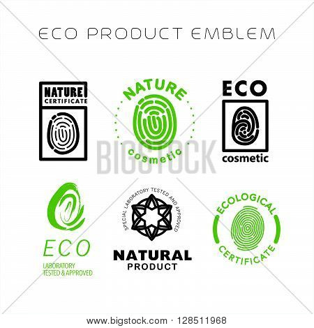 Vector flat eco product emblem set. Ecological cosmetic sign. Eco badge. Finger stamp. Natural product line. Nature certificate quality. Leaf, flower icon. Eco symbol. Natural cosmetics. Eco friendly logo. Bio organic.