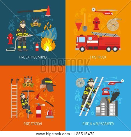 Firefighters work concept 4 flat icons square composition banner with fire station equipment abstract isolated vector illustration