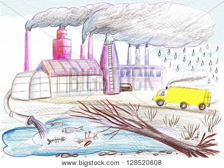 Ecological drawing on the theme of environmental pollution. Factory tube waste