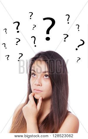 young asian woman lost in thought with question marks above her head