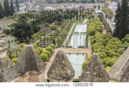 Gardens of Alcazar de los Reyes Cristianos in Cordoba Spain