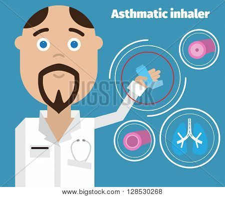 Doctor showing an asthma inhaler. Asthma Medical poster.