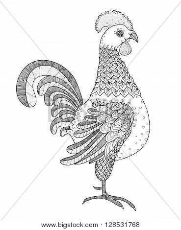 Black and white Rooster graphic. Outline Rooster. Linear Rooster design element. Flourish Rooster pattern.
